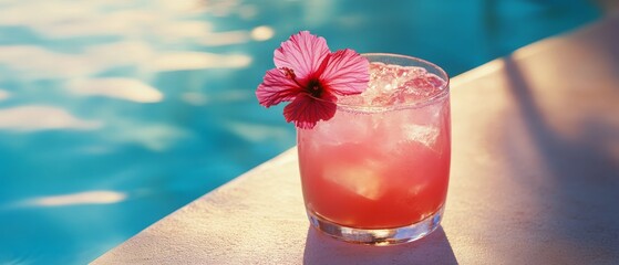 Refreshing pink cocktail with a hibiscus garnish by the pool, sunlit
