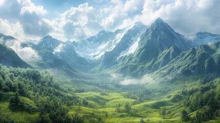 Fototapeta premium Majestic snow-capped mountains with serene green valleys and vibrant forests