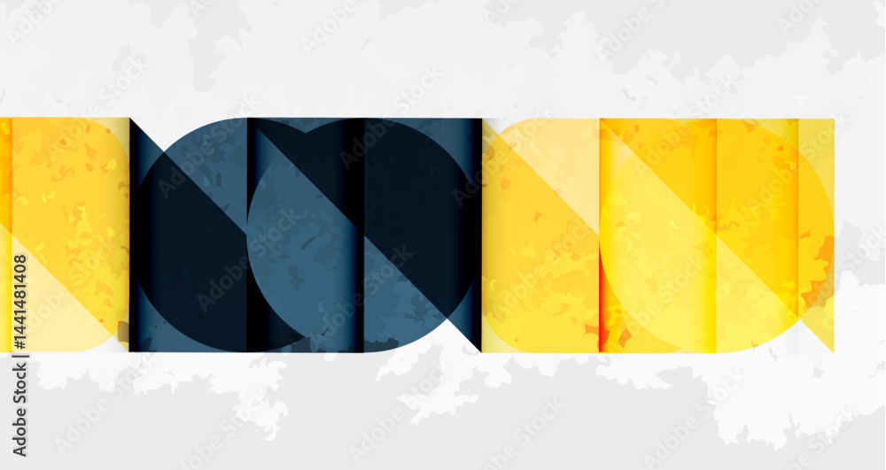 Poster Abstract graphic design features overlapping geometric shapes. Yellow, navy colors create modern visual impact. Texture adds depth.