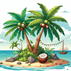 Obraz premium Cartoon Tropical Island with Palm Trees and Coconut on the Beach, Summer Paradise Ocean Landscape Illustration