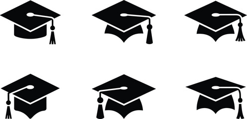 Graduation cap collection black and white vector academic symbol for education and celebration