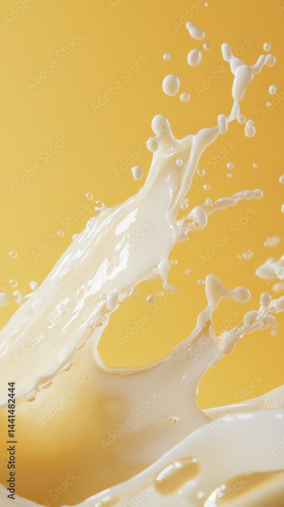 Poster dynamic milk splash against vibrant yellow backdrop capturing fluid motion and creamy texture in min