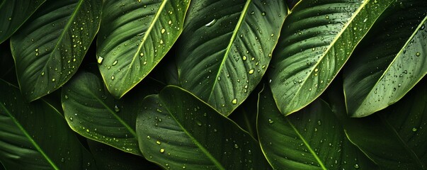 Fototapeta premium Close-up view of lush green leaves covered in droplets.
