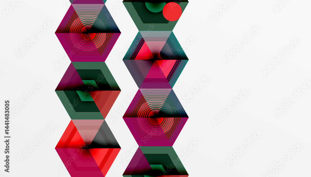 Poster Abstract geometric pattern. Stacked shapes create vertical design. Red, green, purple hues dominate composition. Minimalist style.