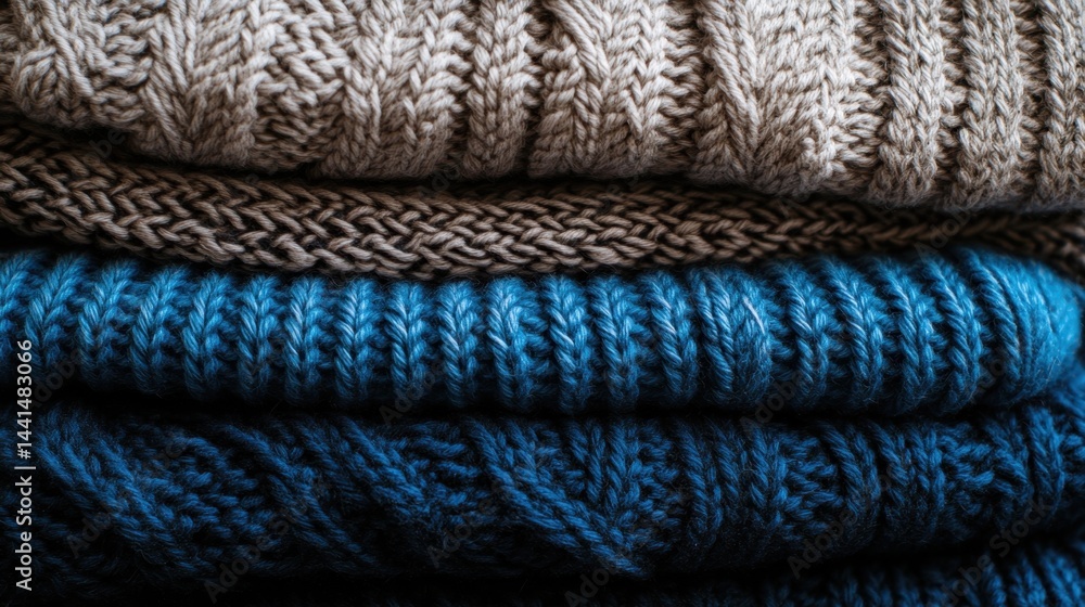 Poster cozy knitted texture of stacked sweaters in neutral and blue tones creating a warm and inviting wint