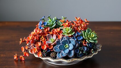 Striking Blue and Orange Adenium and Euonymus on Succulent Dish Display