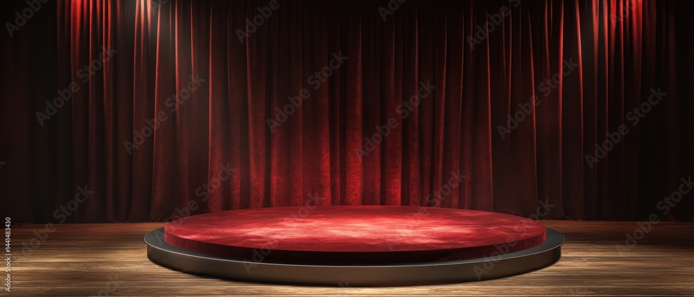 Poster dramatic stage with red velvet platform and curtain backdrop spotlight illuminating performance area