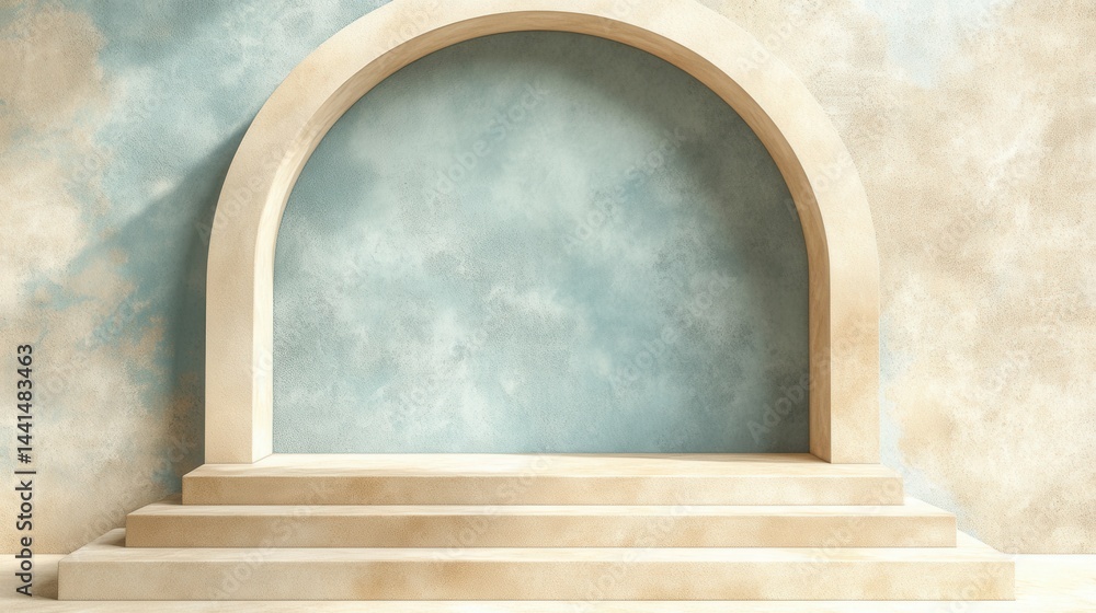 Poster elegant stone archway with steps against a textured blue and beige wall creating a serene and minima