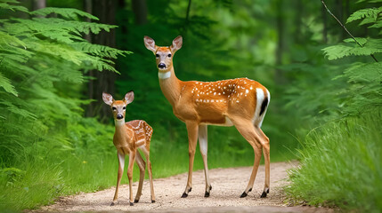 White tailed deer fawn witj hind on natural trail in north Wisconsin.