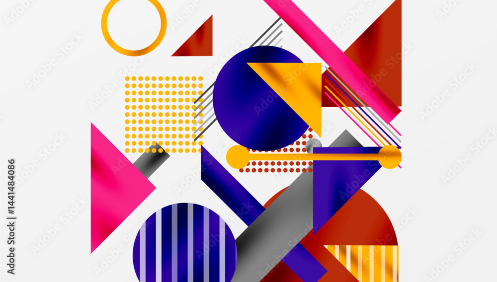 Poster Abstract geometric composition. Shapes overlap, creating vibrant visual experience. Colors blend, forming dynamic design.