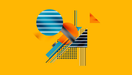 Abstract geometric composition. Stripes, circles, triangles overlap creating dynamic visual effect. Bright colors dominate design.