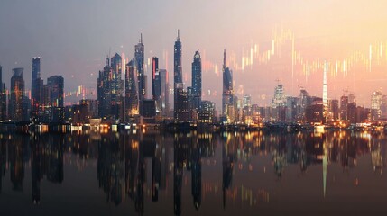 Obraz premium Modern cityscape skyline reflected in calm waters, with financial data overlaid.