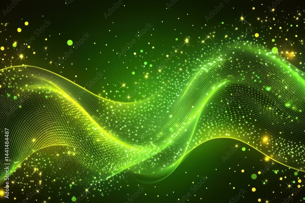 Poster luminous green wave on dark background with sparkling dots and stars creating a vibrant and ethereal