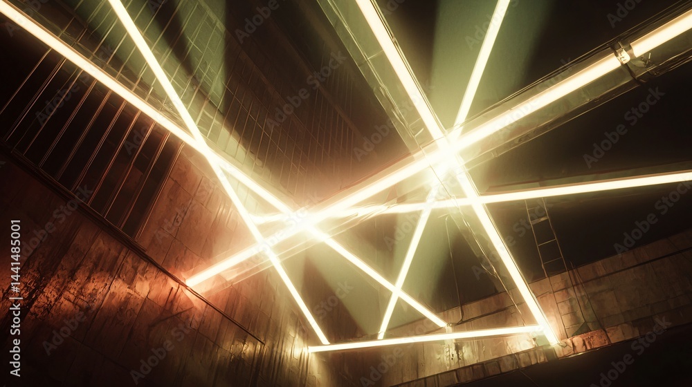 Poster dynamic building captured with light trails creating a geometric abstract composition with intersect