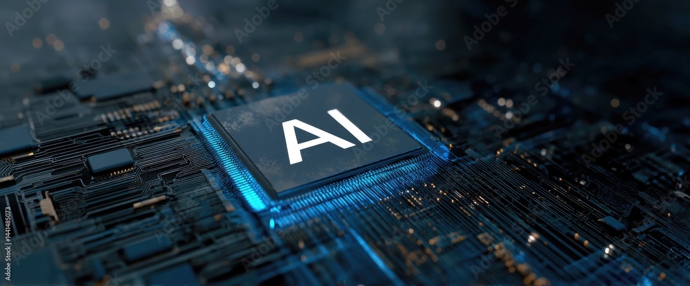 Aufkleber Futuristic AI processor on a digital circuit board with blue lighting, ideal for artificial intelligence, machine learning, high tech innovation, computing, and digital transformation