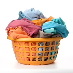 A colorful laundry basket filled with , isolated on a white background. 