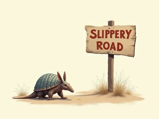 Armadillo approaches slippery road sign cautioning of unexpected dangers ahead