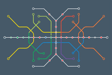 Create a clean vector map of a city's metro line system, featuring distinct colored lines on a solid background.  Illustrate stations clearly.