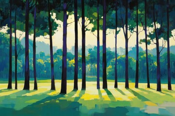 Serene forest scene with tall trees casting long shadows on a vibrant green meadow in a painterly style capturing the beauty of nature and tranquility