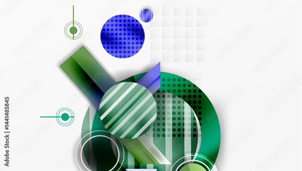 Poster abstract geometric shapes overlap. blue, green gradients create modern design. minimalist compositio