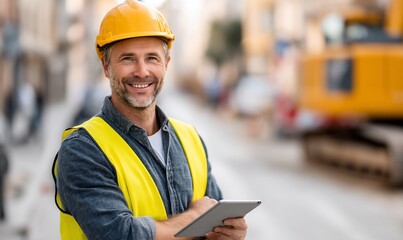 Construction worker using tablet on city street