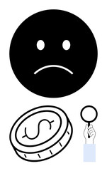 Frowning face expressing worry, dollar coin representing money, magnifying glass held by a hand emphasizing scrutinizing finances. Ideal for finance, economy, budgeting, concern, analysis