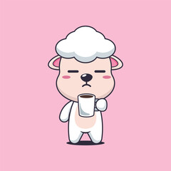 Cute sheep cartoon vector illustration is tired and sleepy holding coffee
