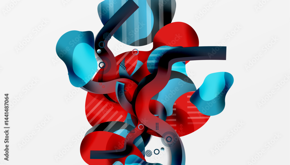 Leinwandbilder Abstract composition. Blue, red, black shapes overlap. Dynamic forms create modern visual experience. Lines, circles present.