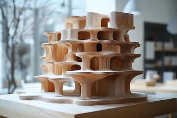 Detailed wooden model of an intricate architectural design.