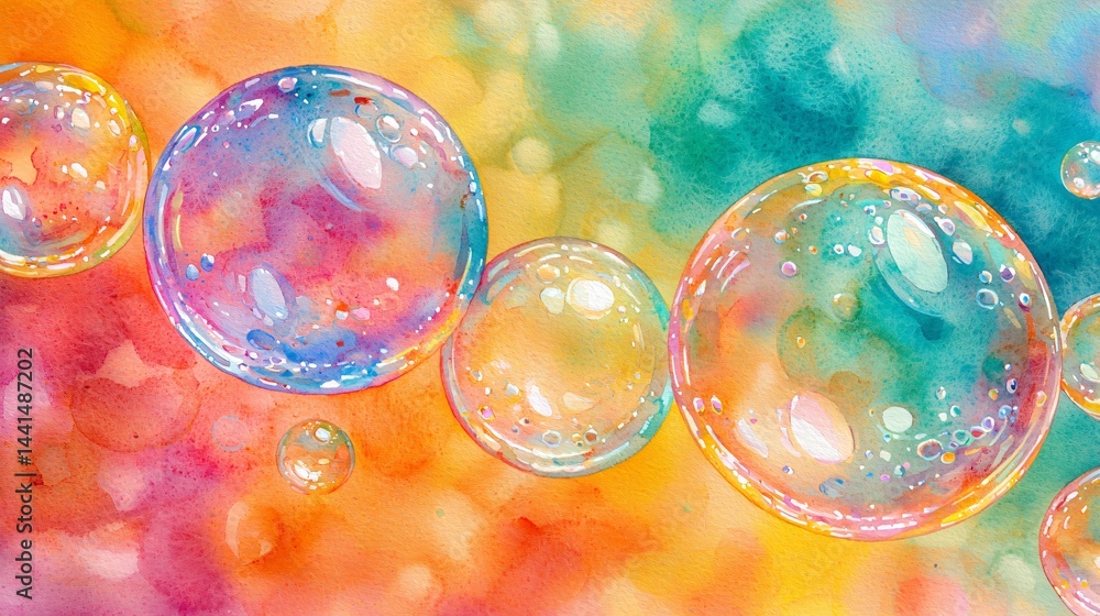Poster glowing soap bubbles floating in a whimsical atmosphere with a vibrant mood and colorful reflections