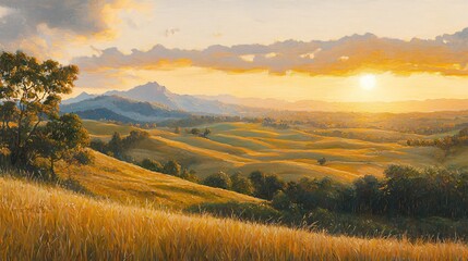Fototapeta premium Captivating painting of a sunset over rolling hills showcasing the golden hour with a breathtaking view behind the majestic peak