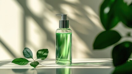 Green Liquid in Transparent Bottle with Plants and Natural Light