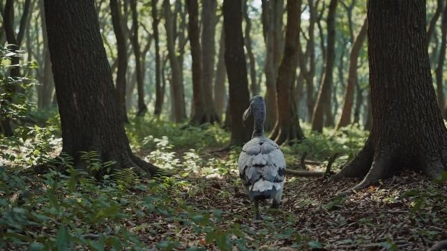 CGI of a dodo bird walking through a lush forest, bringing to life the extinct species in its natural habitat, highlighting biodiversity loss and extinction.