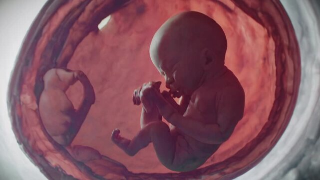 CGI animation of fetal development from conception to the third trimester, showing detailed baby growth stages inside the womb for pregnancy and health education.