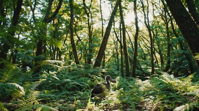 CGI of a dodo bird walking through a dense, sunlit forest with ferns, representing the rare and extinct species in a rich, natural habitat.