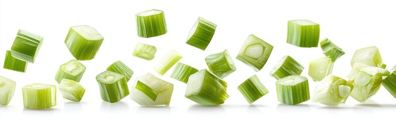 Floating green onion cubes create a fresh culinary scene against a clean white background elevating food presentation