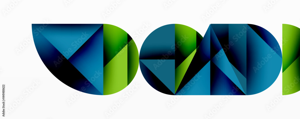 Poster abstract geometric shapes form letters. blue, green hues create modern visual identity. clean design
