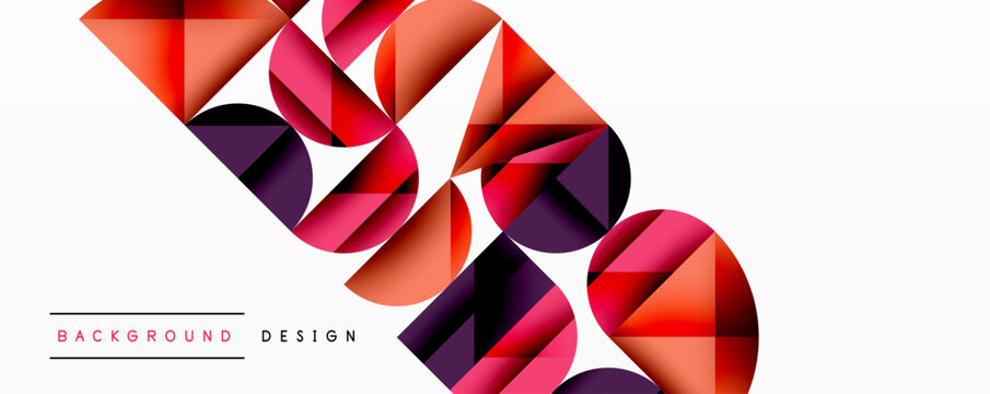 Abstract geometric composition. Circles, triangles create dynamic flow. Warm colors dominate, purple accents present. Modern design element.