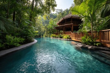 Lush tropical pool winding through a jungle landscape.