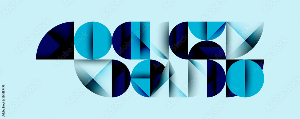 Poster Abstract geometric shapes form word focus. Blue shades dominate composition, creating modern visual impact. Clean design.