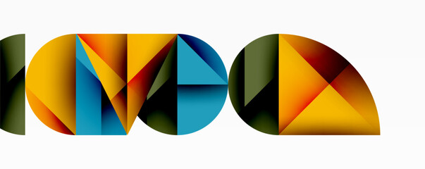 Abstract geometric shapes form colorful letters. Design utilizes gradients, triangles, curves, creating modern visual impact.