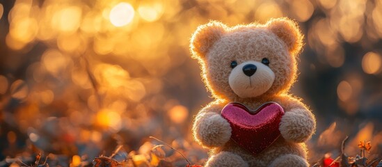 Fototapeta premium Teddy bear holding heart, sunset autumn leaves