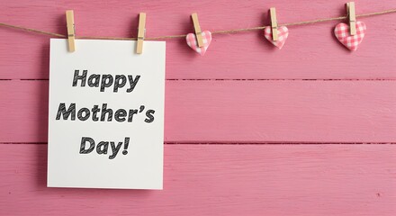 Happy Mother's Day message on white card with clothespins on pink wood.