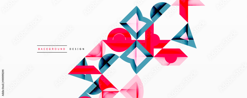 Poster Abstract geometric shapes overlap, creating dynamic composition. Pink, blue, gray tones dominate minimalist design. Clean lines define forms.
