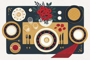 Obraz premium Overhead shot of an elegant dining table setting featuring meticulously arranged gourmet dishes, silverware, and fine china.