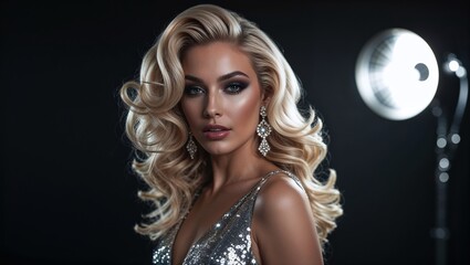 Elegant blond woman with glamorous hairstyle and jewelry.