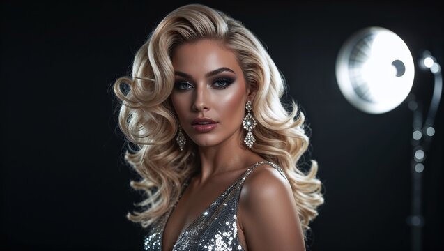 Elegant blond woman with glamorous hairstyle and jewelry.