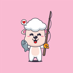 Cute sheep cartoon vector illustration catching fish with fishing rod