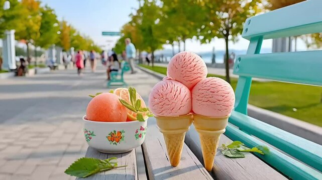 Watermelon ice cream - creamy, fruity delight - scooped into a cone with a vibrant pink hue - sunny park bench with a cool breeze and green trees in the background