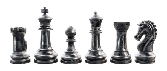 A collection of black chess pieces including king, queen, rook, and knight shown against a transparent background for strategy concepts.